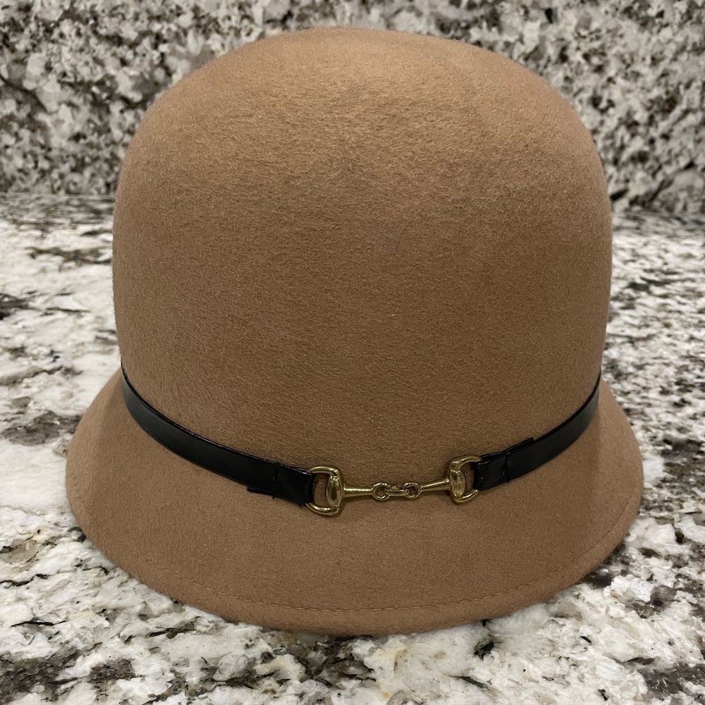 Charlie Paige Tan Wool Cloche Hat with Black Band